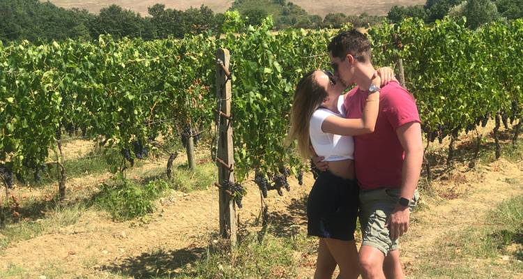 Pareja besándose en un viñedo soleado.