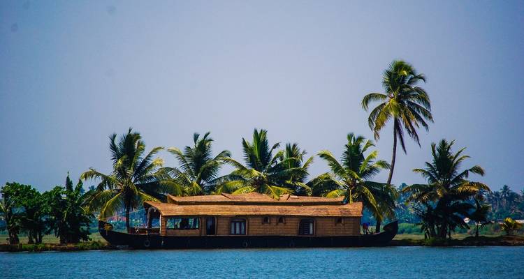 Traditionelles Hausboot unter Palmen an ruhigen Gewässern vertäut.