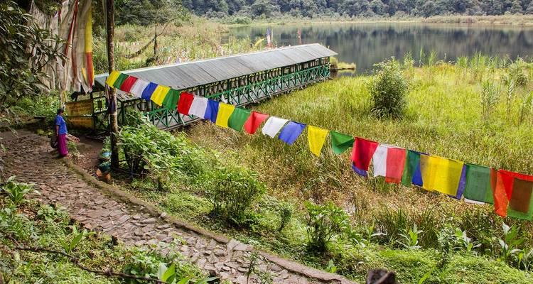Bunte Gebetsfahnen nahe einem ruhigen See, umgeben von Grün.