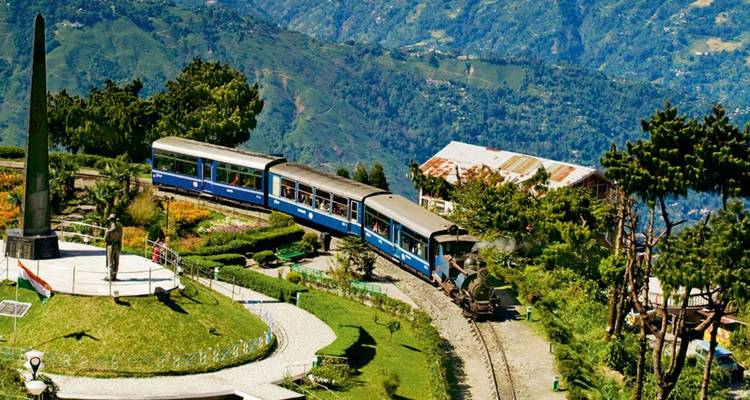 Malerische Spielzeugeisenbahn, die durch die Hügel von Darjeeling fährt.