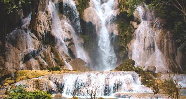 Belle cascade d'eau tombant sur des rochers entourés d'arbres.