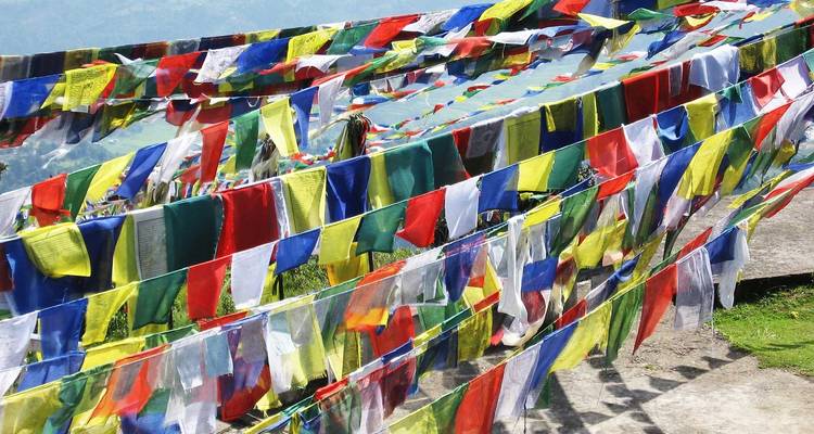 Hileras de coloridas banderas de oración con un telón de fondo montañoso.