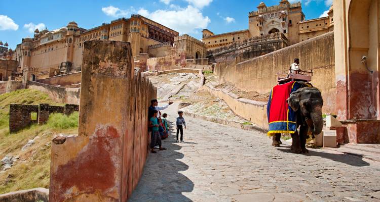 Historische Festung mit Touristen bei einem Elefantenritt.