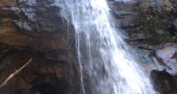 Wasserfall mit herabstürzendem Wasser über Felsen.