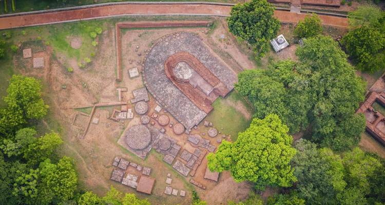 Aerial view of ancient ruins surrounded by trees.