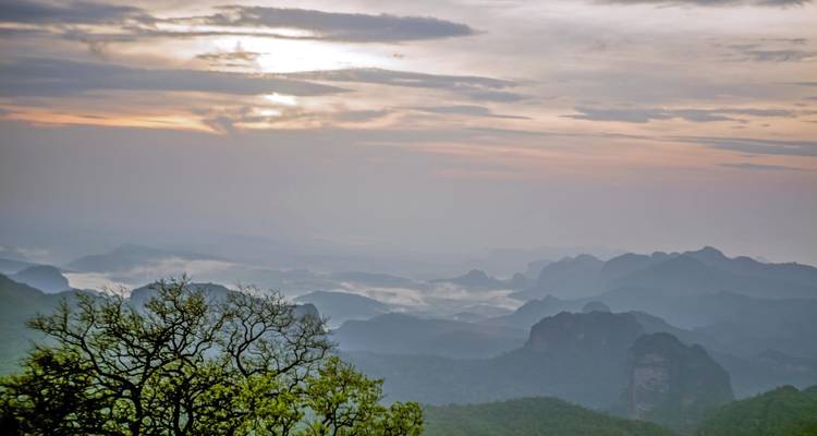 Malerische Aussicht auf eine Berglandschaft mit Nebel und einem Baum im Vordergrund.