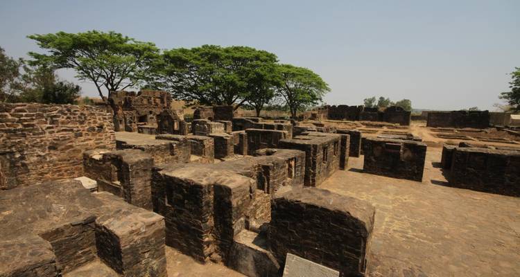 Ruinen von Steinbauten zwischen Bäumen unter klarem Himmel.
