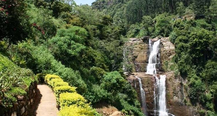 Wasserfall, umgeben von dichtem Grün.