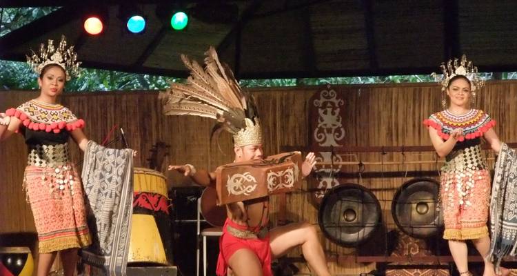 Cultural dance performance with traditional costumes and instruments.
