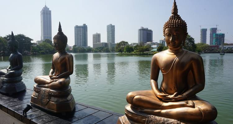 Buddha statues near a lake with a modern city skyline in the background.