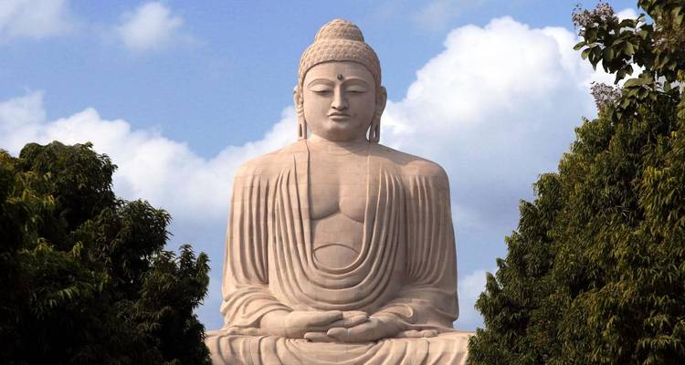 Gros plan d'une statue de Bouddha sereine encadrée par un feuillage vert sous un ciel bleu avec des nuages