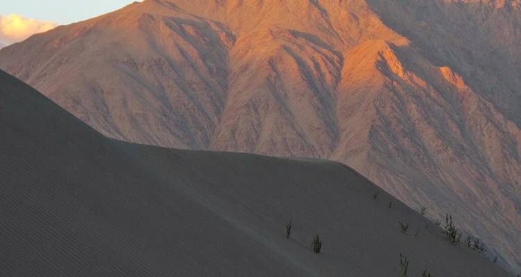 Beige Sanddüne mit Bergen im Hintergrund unter warmem Licht