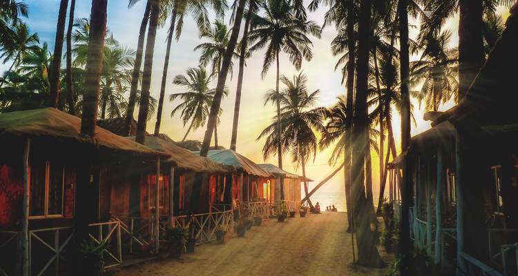Coastal huts under palm trees at sunset.