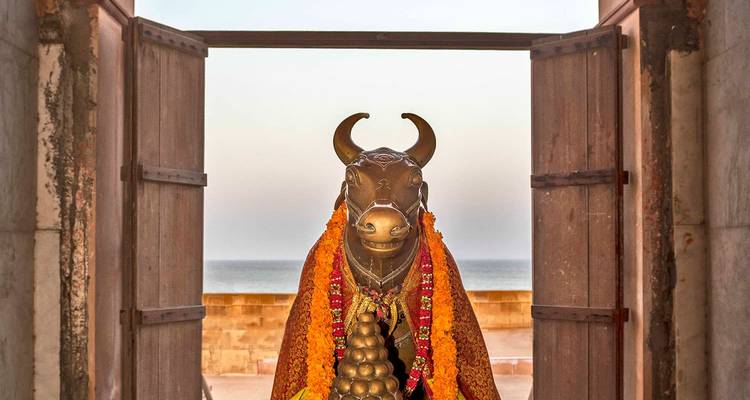 Statue von Nandi in einer Tempelumgebung, gerahmt von großen Türen.
