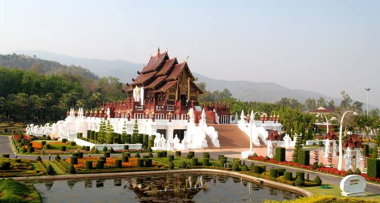Lanna-style Royal Pavilion set amid manicured gardens and reflective pools.