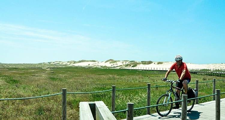 Een wielrenner fietst over een houten boardwalk naast grasrijke duinen met witte zandkammen op de achtergrond.