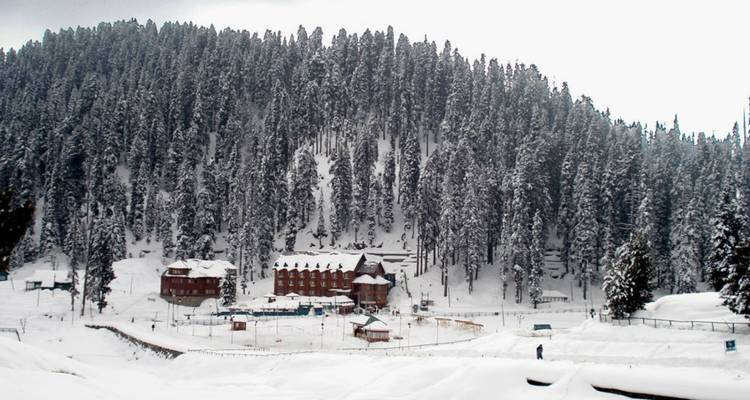 Schneebedeckte Landschaft mit Hütten, umgeben von einem dichten Wald.