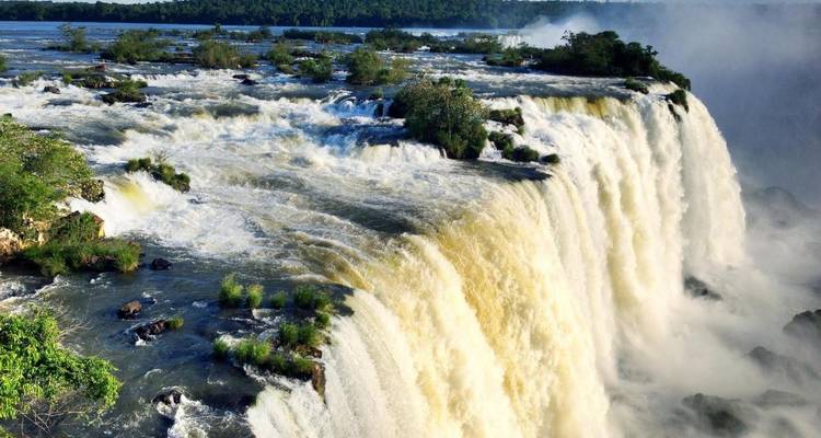 Las Cataratas del Iguazú con agua cascada poderosa y vegetación exuberante.