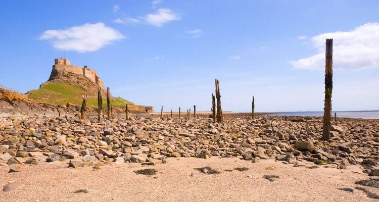 Burg auf einem felsigen Hügel mit Holzpfählen am Strand im Vordergrund.