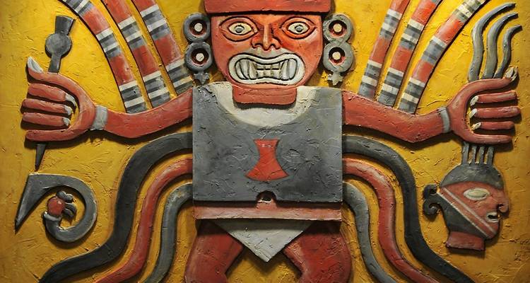 Wall painting of a mythological figure with bold colors.