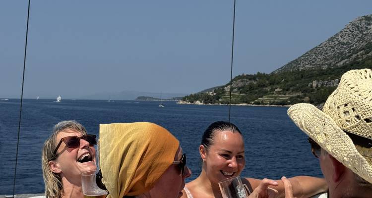 Group of people enjoying drinks on a boat with a scenic coastline.