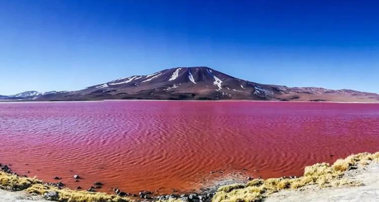 Lago de color rojo bajo un cielo azul despejado con montañas de fondo.