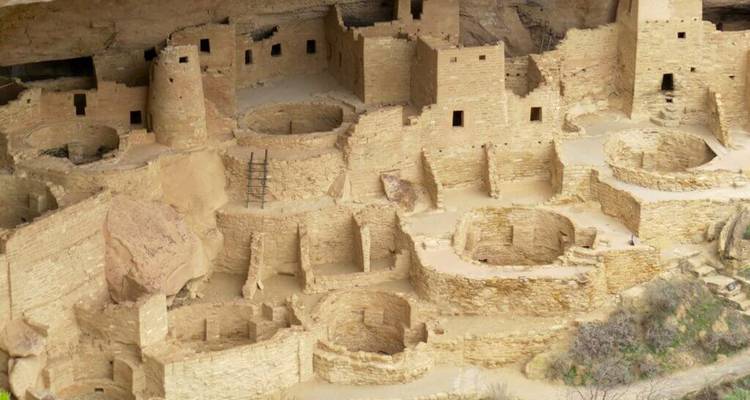 Well-preserved cliff dwellings and kivas built into a sandstone alcove at Mesa Verde National Park