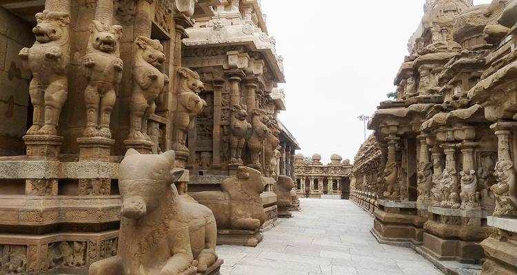 Un pasillo en un templo antiguo con tallados de animales a lo largo de las paredes de piedra.