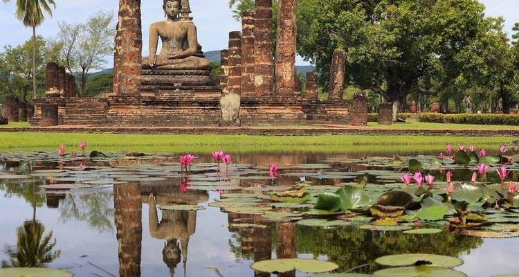 Buddha-Statue und Seerosen, die sich in einem ruhigen Teich spiegeln.