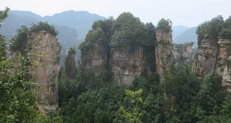 Een uitzicht op beboste stenen pilaren in een bergachtig gebied.