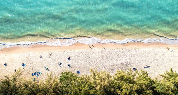 Top-down drone shot of golden sandy beach bordered by clear turquoise sea and green trees; tiny sunbathers visible.