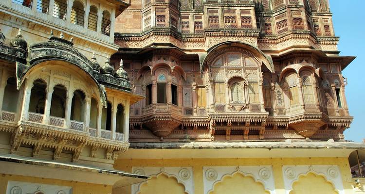 Architectural details of a historic fort with intricate designs.