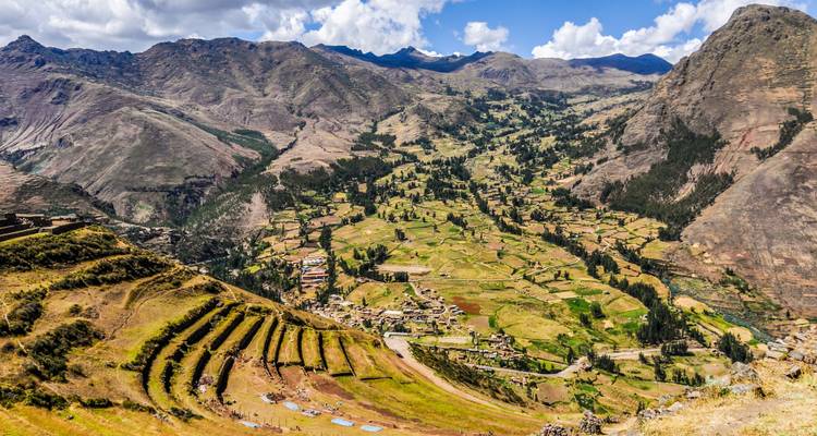 Terraced fields in a mountainous valley.