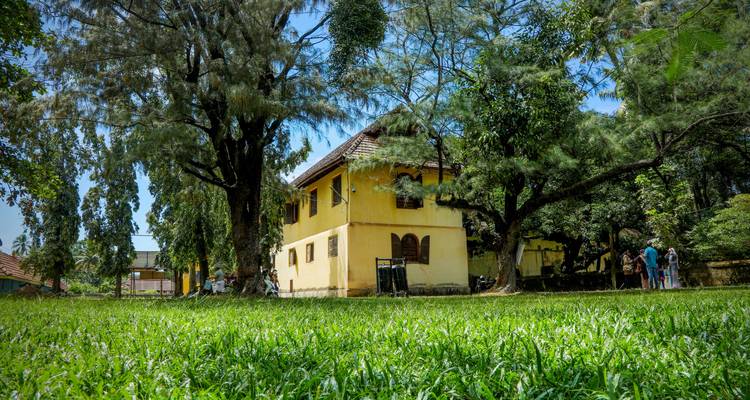 Des personnes debout près d'un bâtiment jaune entouré d'arbres et de verdure.