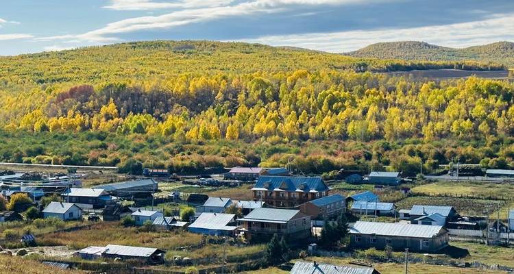 Kleines Dorf umgeben von einem Wald in Herbstfarben.