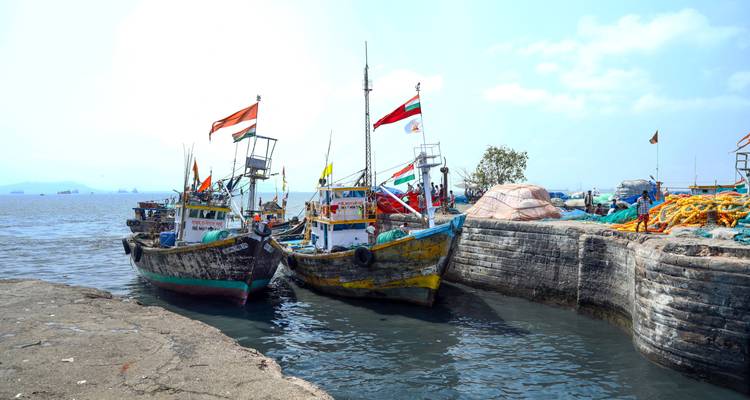 Fishing boats docked at a rocky shoreline with flags flying.
