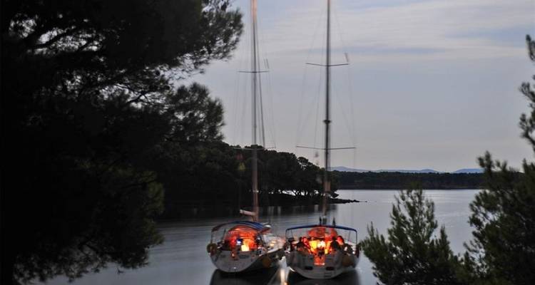 Dos veleros anclados cerca de una orilla tranquila bordeada de árboles.