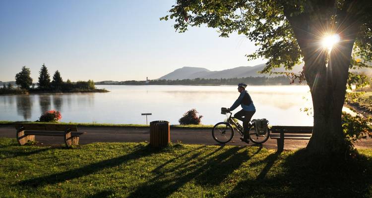Fietser die bij zonsopgang langs een vredig pad aan het meer rijdt.