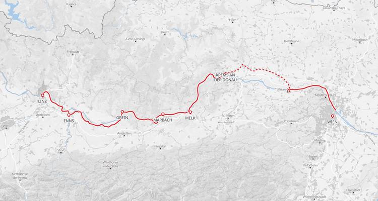 Simplified route map showing a cycling path along the Danube from Linz to Vienna.
