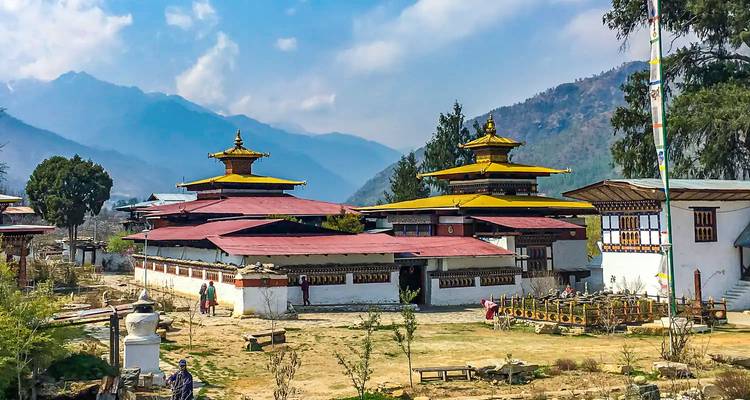 Mensen die lopen in de buurt van traditionele Bhutanese gebouwen.
