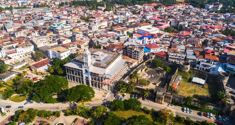 Aerial view of a city with a large historical building and surrounding buildings.