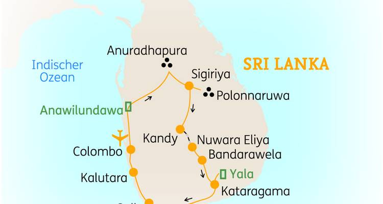 Kaart van Sri Lanka met reisroute.