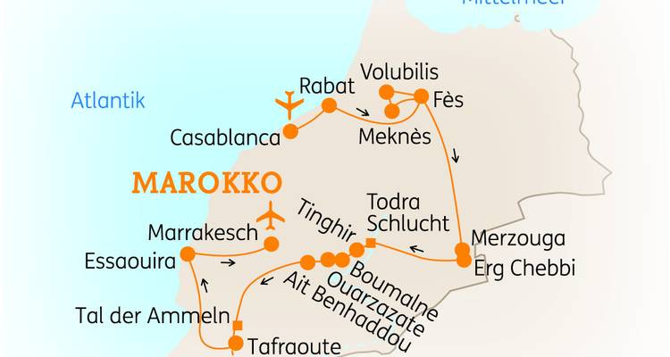 Kaart die locaties en paden in Marokko illustreert.