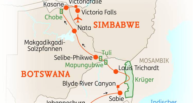 Illustrierte Routenkarte mit hervorgehobenen Orten Victoria Falls, Nata, Kasane und Kruger in Botswana und Simbabwe.