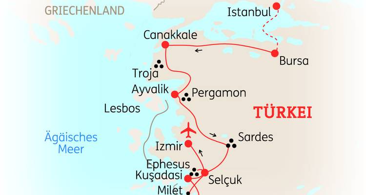 Reisekarte Westanatoliens mit einer Reiseroute von Istanbul über Çanakkale nach Izmir und Selçuk.