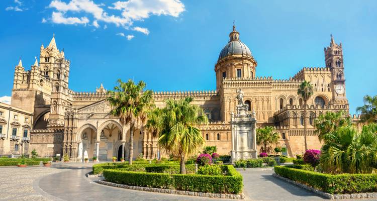 Grande façade de la cathédrale de Palerme avec des jardins bordés de palmiers et un ciel bleu dégagé au-dessus.