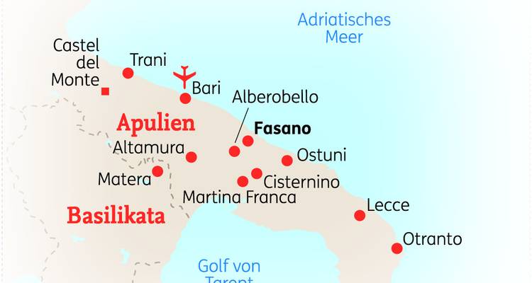 Vereinfachte Reisekarte Apuliens mit wichtigen Städten und Küstenlinie.