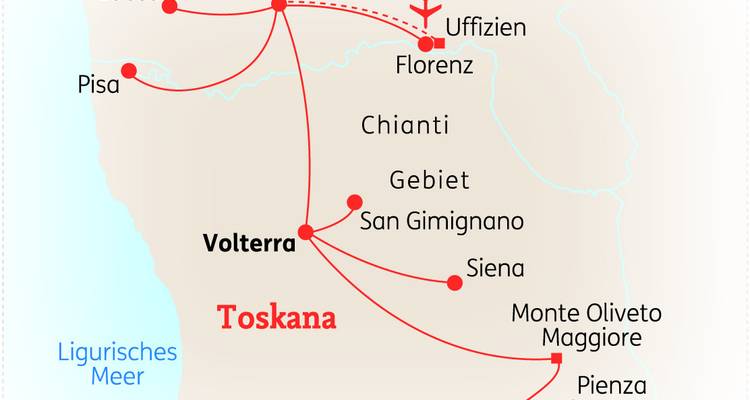 Carte d'itinéraire dupliquée de la visite de la Toscane présentant les principales villes et routes.