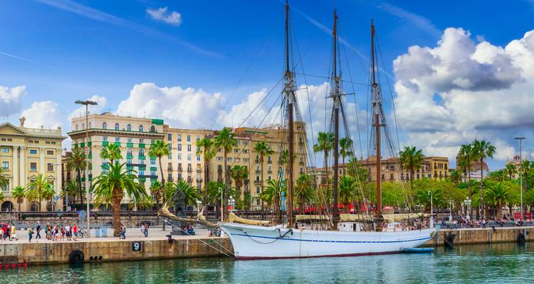 Tall-masted sailing ship moored at Barcelona’s palm-lined waterfront under a bright sky.