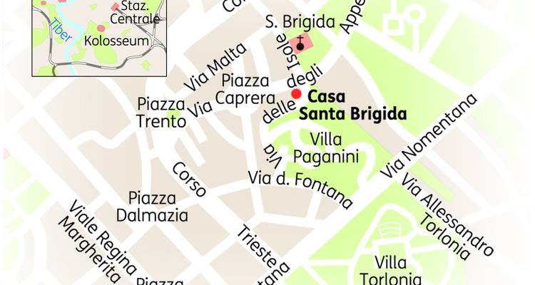 Einfache illustrierte Karte mit Hervorhebung von Casa Santa Brigida in Rom